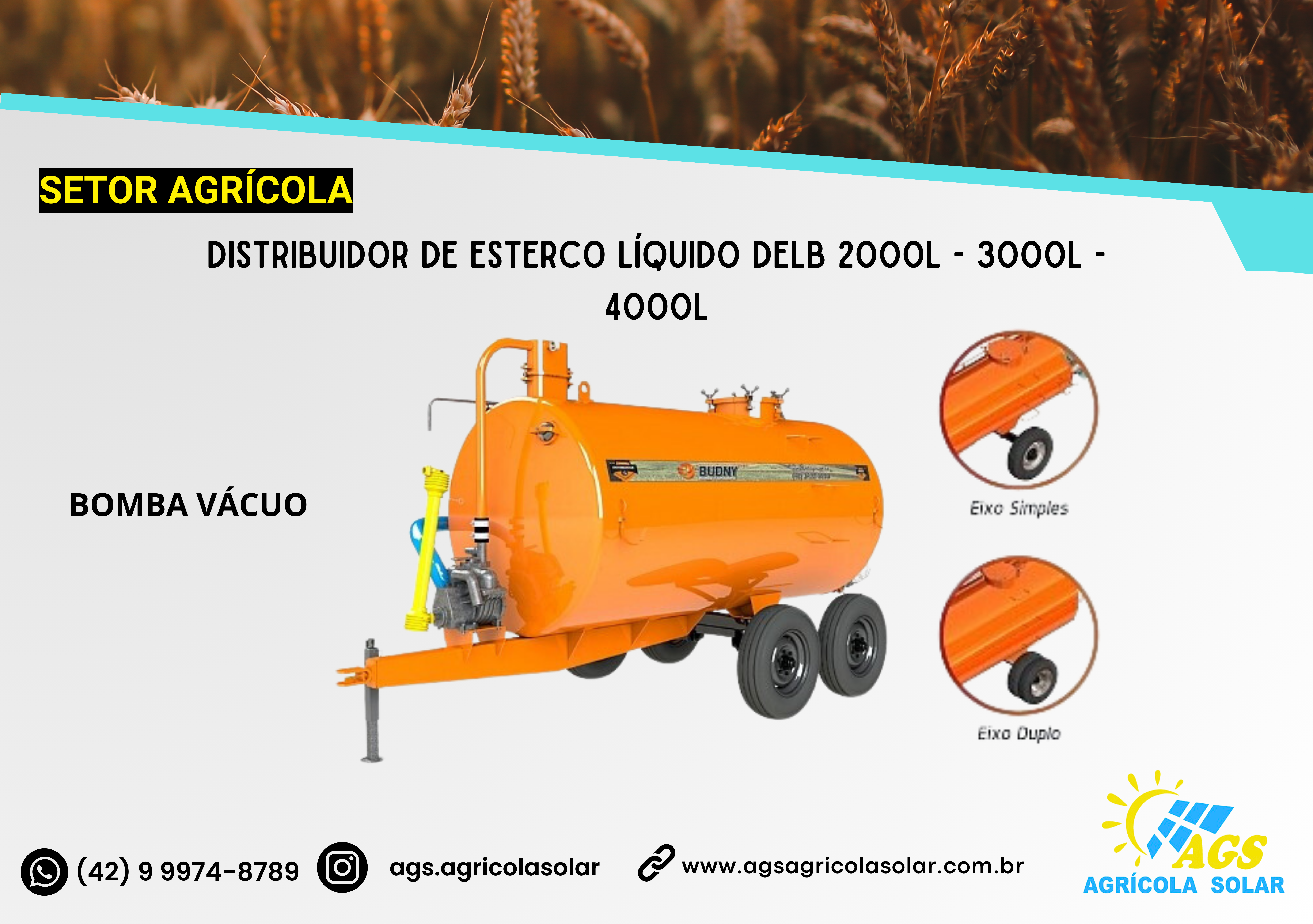 DISTRIBUIDOR DE ESTERCO LÍQUIDO DELB 2000L - 3000L - 4000L (BOMBA VÁCUO)